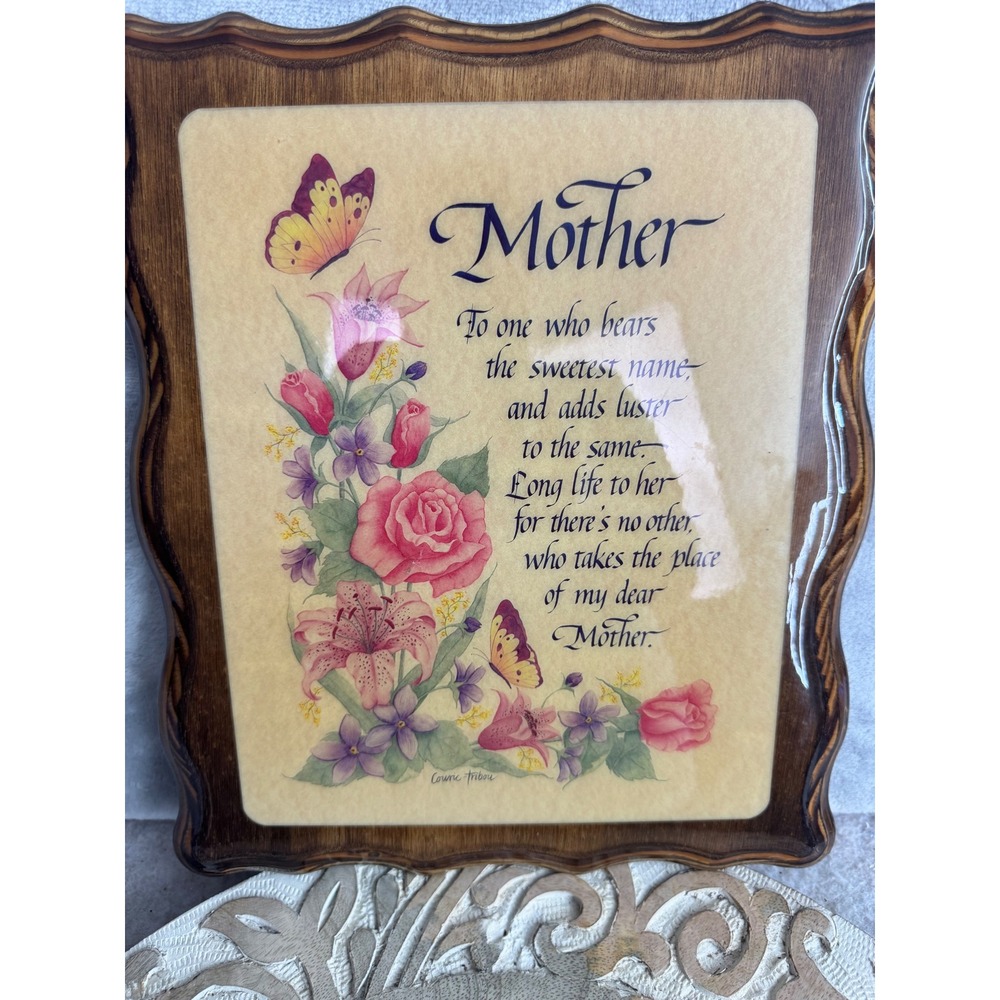Vintage Connie Tribou Mother Poem Wood Wall Plaque‎ Floral Butterfly Glossy 10x8